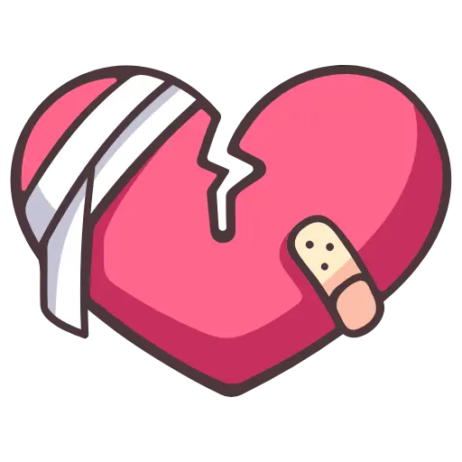 Broken heart icon with bandage representing emotional healing and stress management support by an emotional well-being coach