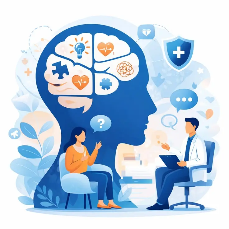 What is CBT? Illustration of Cognitive Behavioral Therapy (CBT) showing a therapist counseling a client with mental health and emotional well-being symbols.