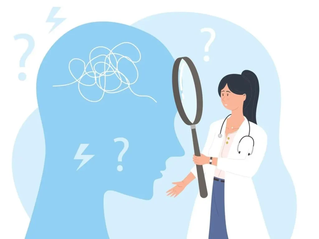 What is CBT? Illustration of a mental health professional helping identify negative thought patterns using Cognitive Behavioral Therapy (CBT).