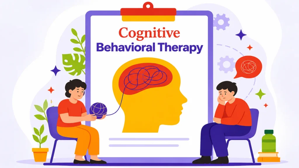 What is CBT? Illustration of Cognitive Behavioral Therapy (CBT) showing a therapist counseling a client with mental health and emotional well-being symbols.