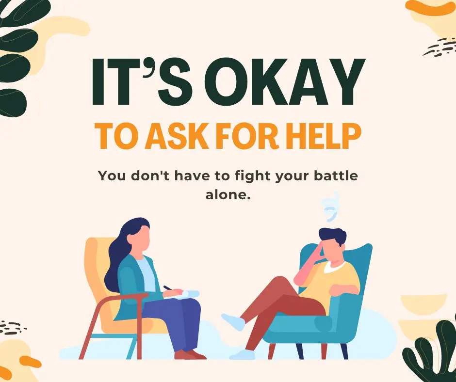 What is CBT? An illustration of a therapist helping a client during a Cognitive Behavioral Therapy (CBT) session with the message "It's okay to ask for help."