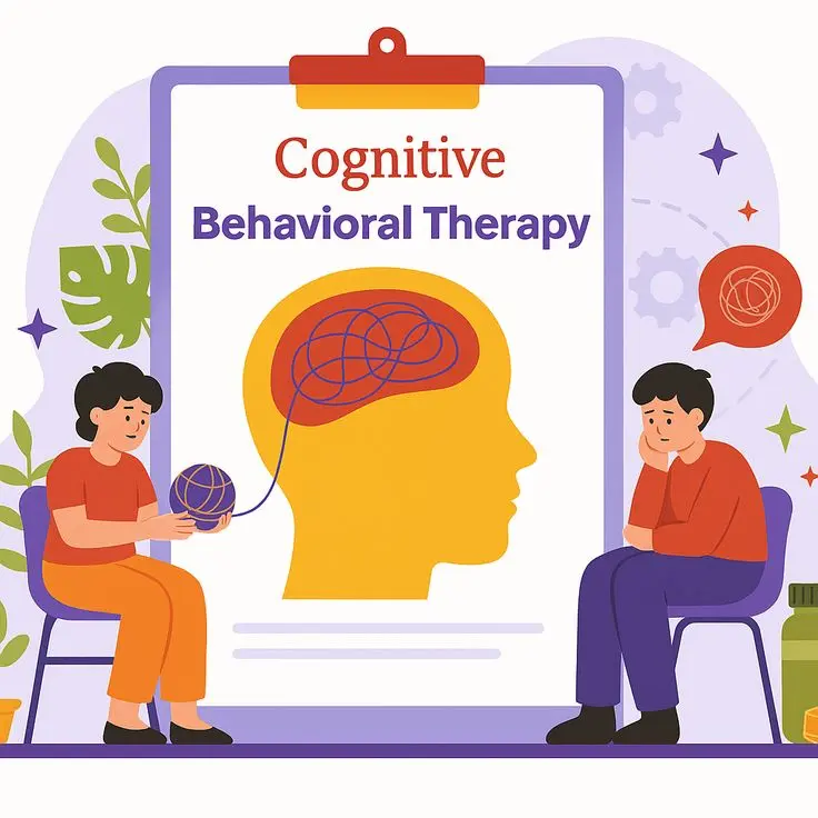 What is CBT? Illustration explaining Cognitive Behavioral Therapy (CBT) with a therapist helping a person understand and manage negative thought patterns.